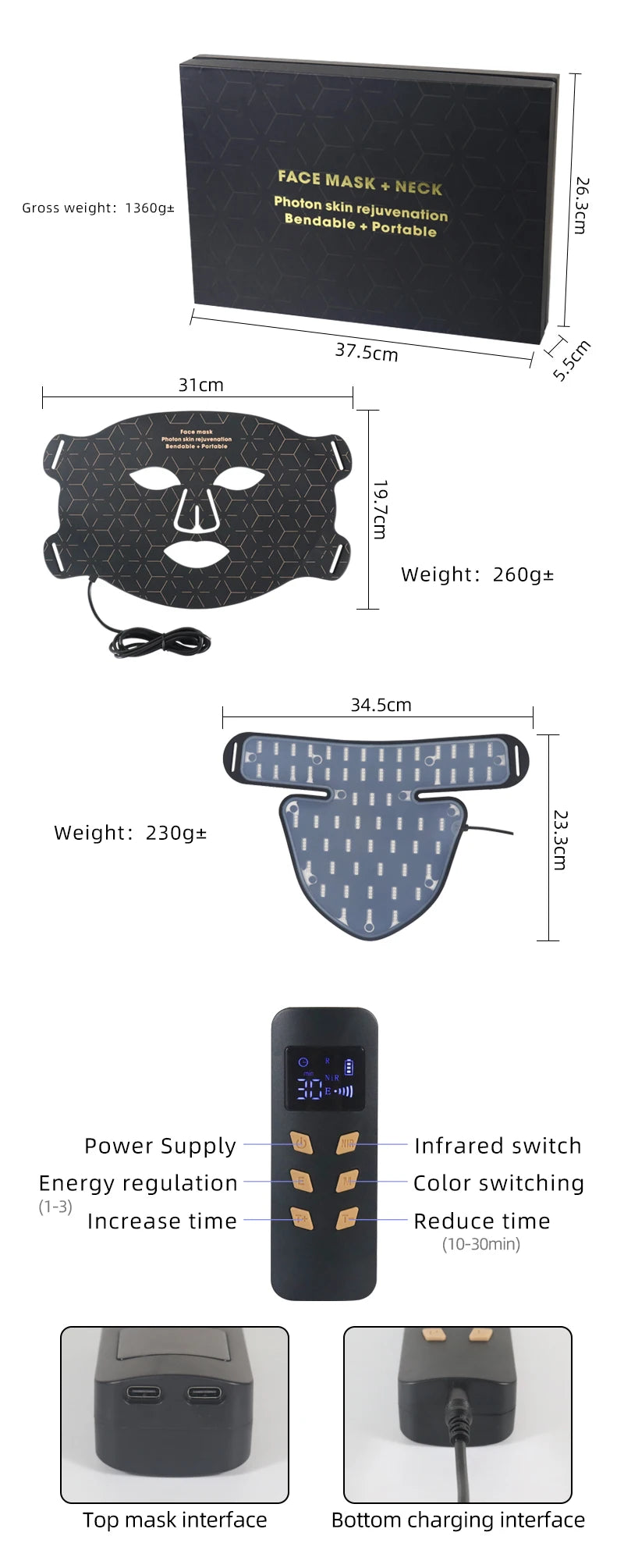 GlowThera - 4-Color LED Gesichts- & Halsmaske mit Rotlicht / Infrarot-Photonentherapie.
